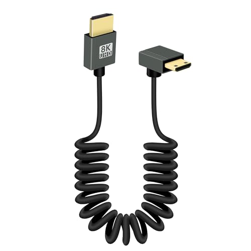 RIIEYOCA 8K Mini HDMI zu HMDI Kurzes Spiralkabel, 90 Grad 48Gbps High Speed HDMI2,1 Unterstützung HDR, 8K@60Hz, 4K@120Hz, Kompatibel mit Camcordern, Monitoren (Nach unten) von RIIEYOCA