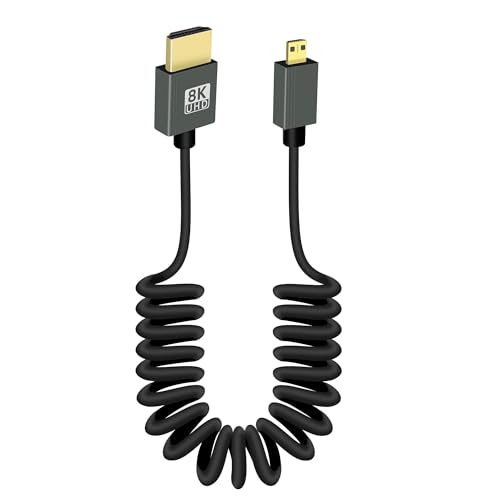 RIIEYOCA 8K Kurzes Mikro-HDMI zu HDMI Spiralkabel, 48Gbps High Speed HDMI2.1 Unterstützt HDR, 8K@60Hz, 4K@120Hz, Kompatibel mit Kamera, Camcorder, PC, Monitor (Regelmäßig) von RIIEYOCA