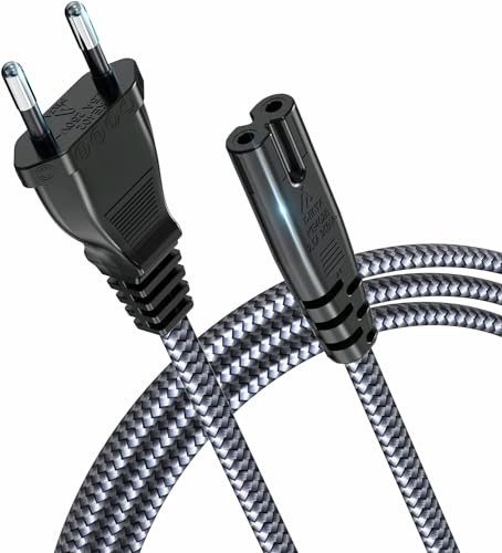 Stromkabel 2 Polig, RIKSOIN Netzkabel Eurostecker (CEE 7/16 auf C7) Nylon-Geflecht Universale Kleingerätekabel mit VDE für TV, PS3/PS4/PS5,One S/X, Laptop Netzteil, Blu-ray, Radio usw (8M, Gray) von RIKSOIN