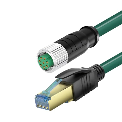 RIKYJIC M12 auf RJ45 geschirmtes Ethernet-Kabel, High-Flex-StP-Stecker für Industriekameras/Feldbus-Systeme (DRK Green, 8-polig, A, F, Cat6,1 Meter) von RIKYJIC