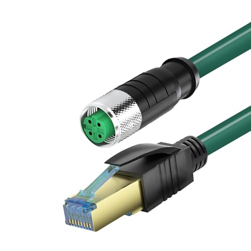 RIKYJIC M12 auf RJ45 geschirmtes Ethernet-Kabel, High-Flex-StP-Stecker für Industriekameras/Feldbus-Systeme (Drk Green 4Pin D F, Cat6, 3 m) von RIKYJIC