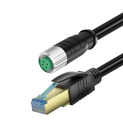 RIKYJIC M12 auf RJ45 geschirmtes Ethernet-Kabel, High-Flex-StP-Stecker für Industriekameras/Feldbus-Systeme (schwarz, 4-polig, A, F, Cat5e, 1 Meter) von RIKYJIC