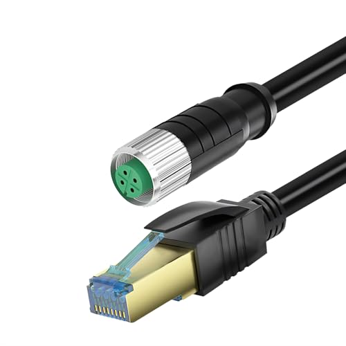 RIKYJIC M12 auf RJ45 geschirmtes Ethernet-Kabel, High-Flex-StP-Stecker für Industriekameras/Feldbus-Systeme (schwarz, 4-polig, A, F, Cat6,1 Meter) von RIKYJIC