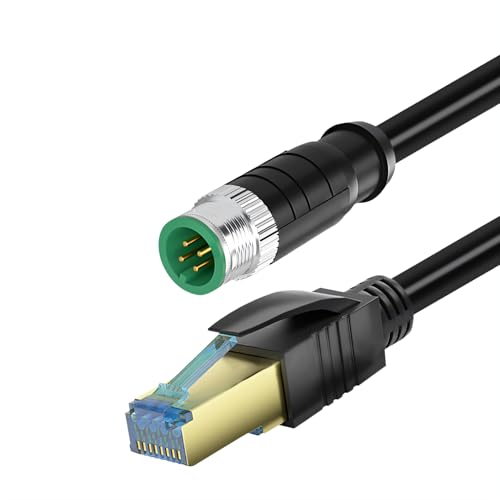 RIKYJIC M12 auf RJ45 geschirmtes Ethernet-Kabel, High-Flex-StP-Stecker für Industriekameras/Feldbus-Systeme (schwarz, 4-polig, A, M, Cat6,1 Meter) von RIKYJIC
