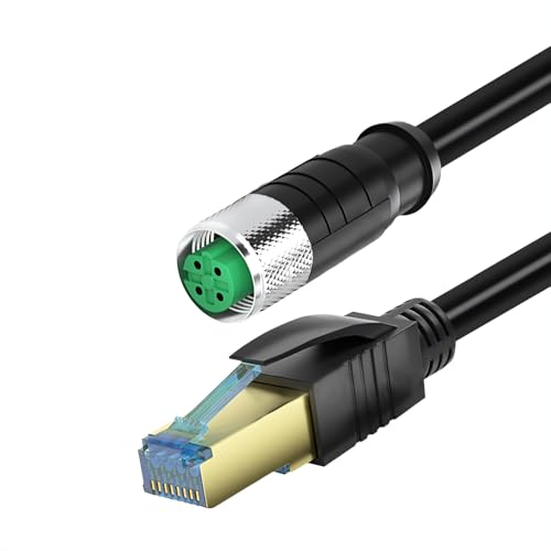 RIKYJIC M12 auf RJ45 geschirmtes Ethernet-Kabel, High-Flex-StP-Stecker für Industriekameras/Feldbus-Systeme (schwarz, 4-polig, D, F, Cat5e, 1 Meter) von RIKYJIC