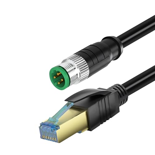 RIKYJIC M12 auf RJ45 geschirmtes Ethernet-Kabel, High-Flex-StP-Stecker für Industriekameras/Feldbus-Systeme (schwarz, 4-polig, D, M, Cat5e, 1 Meter) von RIKYJIC