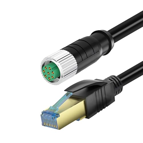 RIKYJIC M12 auf RJ45 geschirmtes Ethernet-Kabel, High-Flex-StP-Stecker für Industriekameras/Feldbus-Systeme (schwarz, 8-polig, A, F, Cat6,1 Meter) von RIKYJIC