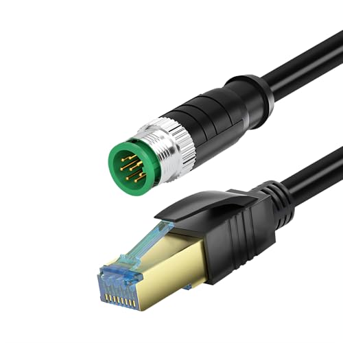 RIKYJIC M12 auf RJ45 geschirmtes Ethernet-Kabel, High-Flex-StP-Stecker für Industriekameras/Feldbus-Systeme (schwarz, 8-polig, A, M, Cat6,1 Meter) von RIKYJIC