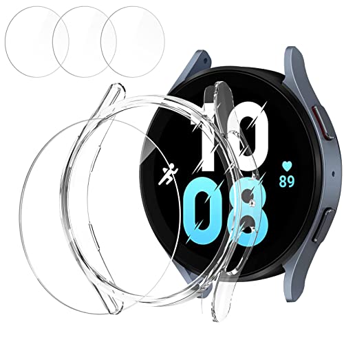 RIOVO [3+1 Stück Schutzfolie+Schutzhülle Kompatibel mit Samsung Galaxy Watch 5 44mm & 4 44mm, 3 Gehärtete HD-Schutzglas und 1 PC-Hart Hülle, Smartwatch Zubehör für Displayschutz von RIOVO