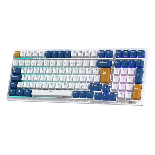 RK ROYAL KLUDGE RK98 Mechanische Tastatur Kabellose Gaming Tastatur 2.4G/Bluetooth 5.1/USB-C RGB Hinterleuchtet Deutsches Layout QWERTZ 100 Tasten Hot Swappable Braune Schalter, Weiß von RK ROYAL KLUDGE