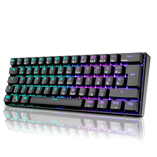 RK61 RGB Gaming-Tastatur, 2,4 GHz Wireless/Bluetooth/Wired 60% Mechanische Tastatur 61 Tasten, Hot-Swap-fähiger Brauner Schalter mit RGB-Beleuchtung Kompatibel für Win/Mac, Schwarz (QWERTZ) von RK ROYAL KLUDGE