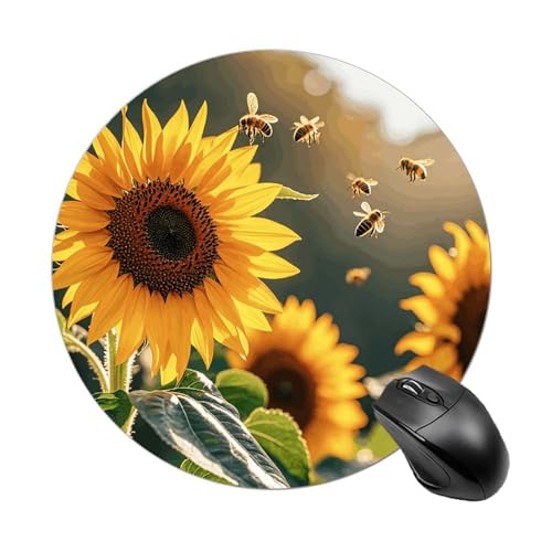 Rundes Mauspad mit Bienen- und Sonnenblumen-Motiv, rutschfeste Gummiunterseite, kleines Mauspad, wasserdichtes Mauspad für Computer, Laptop, 20 x 20 cm Rundes Mauspad mit Bienen- und Sonnenblumen-Motiv, rutschfeste Gummiunterseite, kleines Mauspad, wasserdichtes Mauspad für Computer, Laptop, 20 x 20 cm von RKJVB