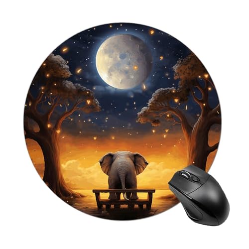 Rundes Mauspad mit Tiermotiv, Elefant, Eule, Baum, Mond, Stern, rutschfeste Gummiunterseite, kleines Mauspad, wasserdicht, Mousepad für Computer, Laptop, 20 x 20 cm Rundes Mauspad mit Tiermotiv, Elefant, Eule, Baum, Mond, Stern, rutschfeste Gummiunterseite, kleines Mauspad, wasserdicht, Mousepad für Computer, Laptop, 20 x 20 cm von RKJVB