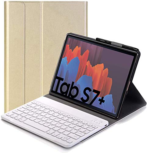 RLTech Tastatur Hülle for Samsung Galaxy Tab S7+,(QWERTY Layout) Ultradünn Flip Entfernbar Drahtloser Keyboardständer Ledertasche für Samsung Galaxy Tab S7+ 12.4" T970/975/976 2020, Gold von RLTech