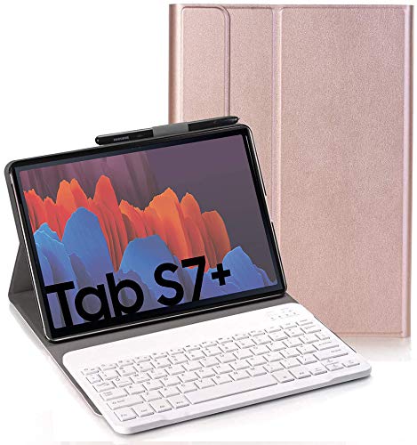 RLTech Tastatur Hülle for Samsung Galaxy Tab S7+,(QWERTY Layout) Ultradünn Flip Entfernbar Drahtloser Keyboardständer Ledertasche für Samsung Galaxy Tab S7+ 12.4" T970/975/976 2020, Roségold von RLTech