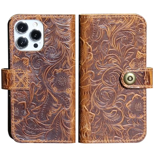 RMAWRAD Schutzhülle für iPhone 14 Pro Max, Echtleder, 17 cm (6,7 Zoll), abnehmbar, stoßfest, Klappschutzhülle mit Kartenschlitz, Blumenbraun von RMAWRAD