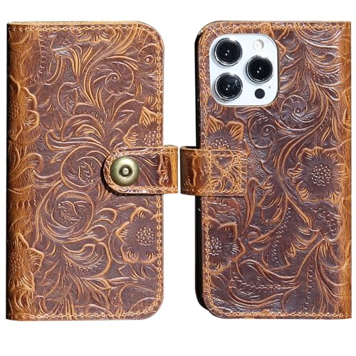 RMAWRAD Schutzhülle für iPhone 15 Pro Max, Echtleder, 17 cm (6,7 Zoll), abnehmbar, stoßfest, Klappschutzhülle mit Kartenschlitz, Blumenbraun von RMAWRAD