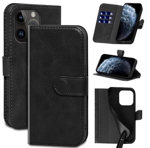 RMAWRAD Schutzhülle für iPhone 15 Pro Max mit Kartenhalter, Echtleder, Klappschutzhülle mit verstellbarem Ständer, Magnetverschluss, stoßfest und Anti-Fingerabdruck, Schwarz RMAWRAD Schutzhülle für iPhone 15 Pro Max mit Kartenhalter, Echtleder, Klappschutzhülle mit verstellbarem Ständer, Magnetverschluss, stoßfest und Anti-Fingerabdruck, Schwarz von RMAWRAD