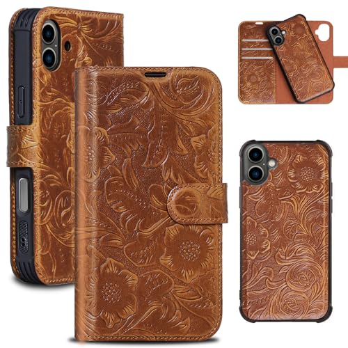 RMAWRAD kompatibel mit iPhone 16 Brieftasche hülle 6.1 Zoll, Leder 2-in-1 magnetisch abnehmbare stoßdämpfende, Geteilte Abdeckung mit Kartensteckplatz, [RFID Blocking] braun von RMAWRAD