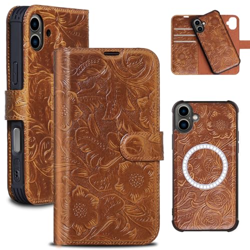 RMAWRAD kompatibel mit iPhone 16 Plus Brieftasche hülle 6.7 Zoll, Leder 2-in-1 magnetisch abnehmbare stoßdämpfende, Geteilte Abdeckung mit Kartensteckplatz, kabelloses Aufladen [RFID Blocking] braun von RMAWRAD