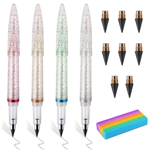 RNHDLY Ewiger Bleistift Set - 4 Stück Tintenlose Stifte Mit Radiergummi, 8 Ersatzköpfe, 1 Radiergummi - Unendlicher Schreibstift von RNHDLY