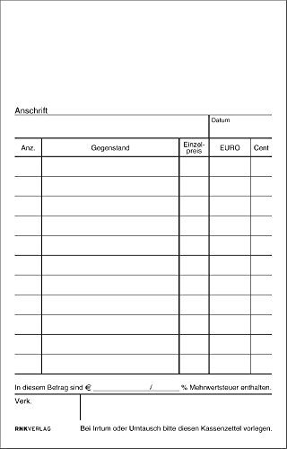 Kassenblock - oben geheftet, 2 x 50 Blatt, Maße (BxH): 96 x 167 mm, ohne Nummerierung(Liefermenge=10) von RNK-Verlag