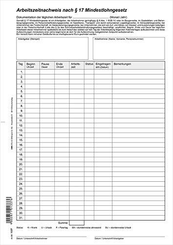 RNK 1337 - Arbeitszeitnachweis nach 17 Mindestlohngesetz, Block mit 24 Blatt, DIN A4 (5) von RNK - Verlag