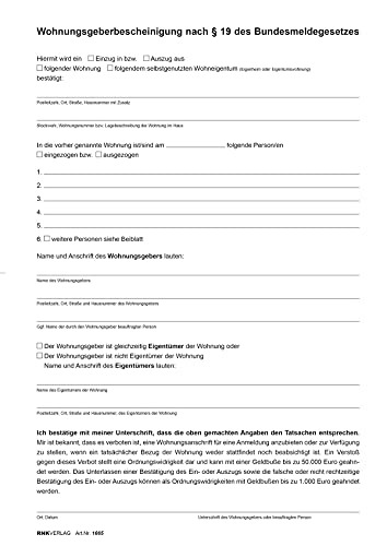 RNK 1665 - Wohnungsgeberbescheinigung nach § 19 Bundesmeldegesetz (BMG), 2 Seiten, DIN A4, 1 Stück von RNK - Verlag