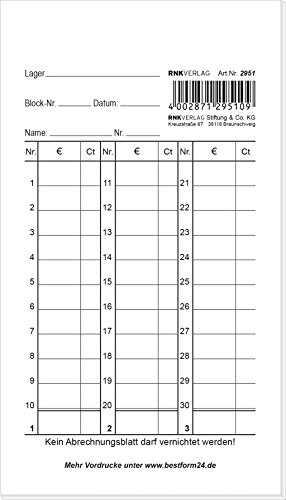 RNK 2951 Kassenblock Rechenlisten Block 50 Blatt von RNK - Verlag