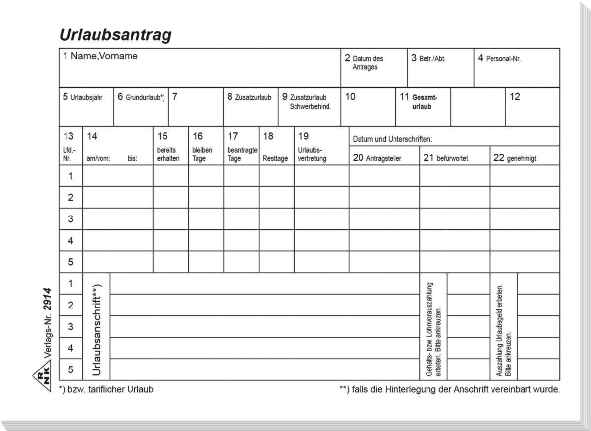 RNK-Verlag Formularbücher Urlaubsabwesenheitsmeldung 2914 DIN A6 quer 1x 50 S... von RNK-Verlag