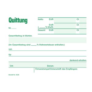RNK-Verlag Quittung mit MwSt. separat ausgewiesen, mit fortlaufenden Nummern Formularbuch 3029 von RNK-Verlag