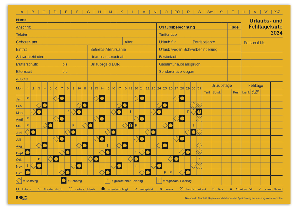 RNK Verlag Urlaubs- und Fehltagekarte 2024, DIN A5 quer von RNK Verlag
