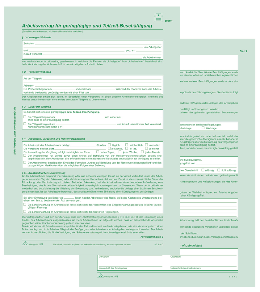 RNK Verlag Vordruck , Arbeitsvertrag Teilzeit-Beschäftigte, von RNK Verlag