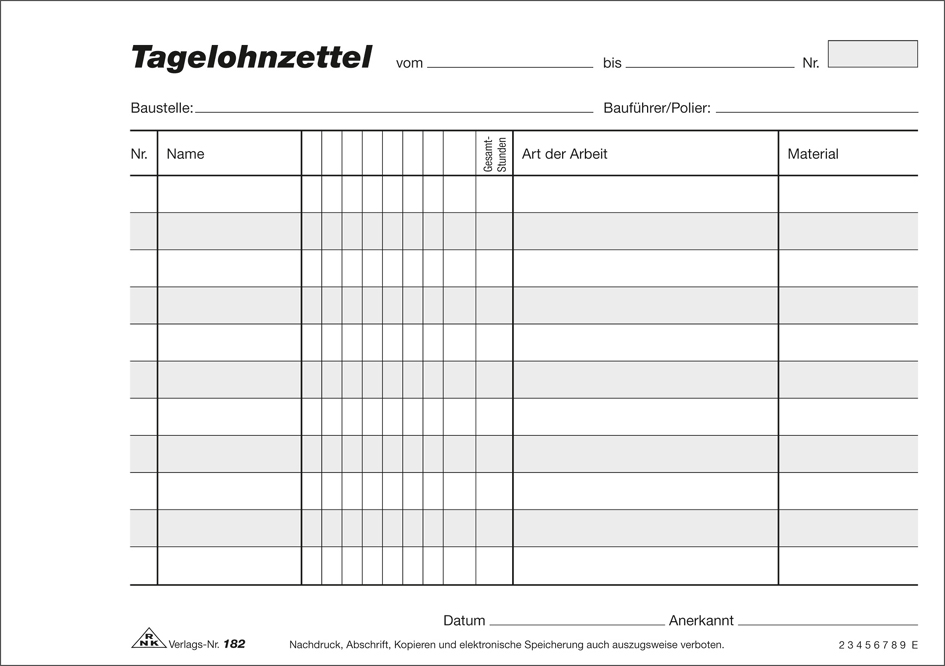 RNK Verlag Vordruck , Tagelohnzettel, , Block, SD, DIN A5 quer von RNK Verlag