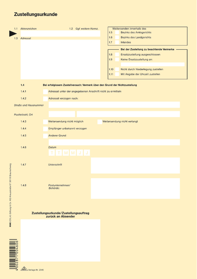 RNK Verlag Vordruck , Zustellungsurkunde, , DIN A4 von RNK Verlag