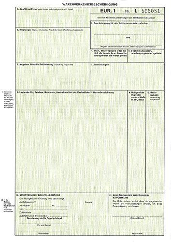 Warenverkehrsbescheinigung EUR.1 zum manuellen Ausfüllen - SD, 1 x 2 Blatt, DIN A4 von RNK Verlag