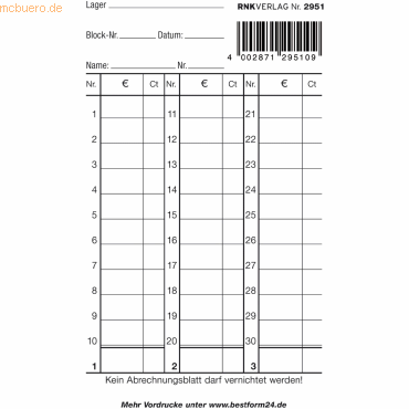 10 x RNK Kassenzettelaufrechnungsblock 85x148mm 50 Blatt von RNK