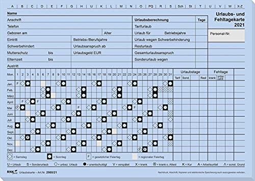 RNK 2900/21-10 - Urlaubs- und Fehltagekarte 2021 mit grafischer Darstellung, 10 Karten, DIN A5 quer, Karteikarton von RNK