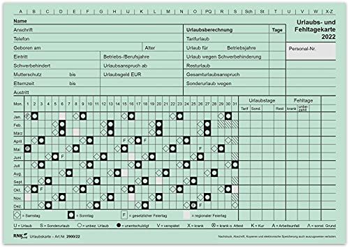 RNK 2900/22 - Urlaubs- und Fehltagekarte 2022 mit grafischer Darstellung, DIN A5 quer, Karteikarton, 100 Stück von RNK