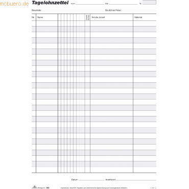 RNK Tagelohnzettel-Block A4 3x50 Blatt von RNK