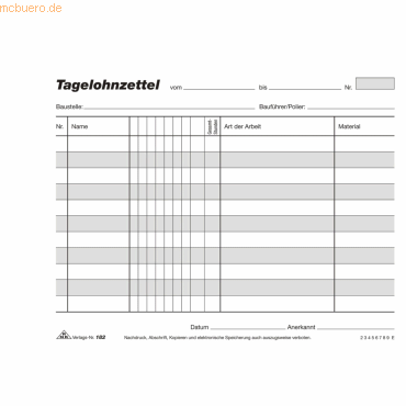 RNK Tagelohnzettelblock A5 quer 3x40 Blatt selbstdurchschreibend von RNK