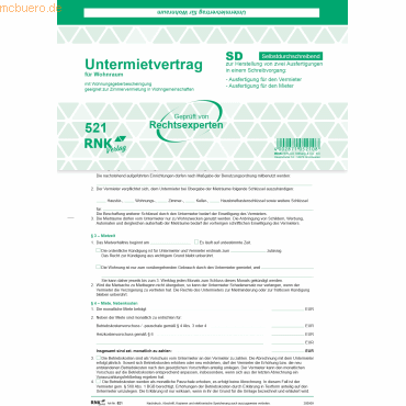 RNK Untermietvertrag für Wohnräume SD 2x2 Blatt A4 von RNK