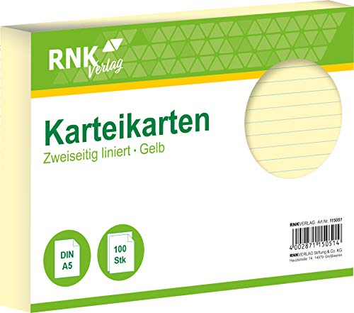 RNKVERLAG 115051 - Karteikarten liniert 7 mm, gelb, DIN A5, 1 Packung à 100 Karten von RNKVERLAG