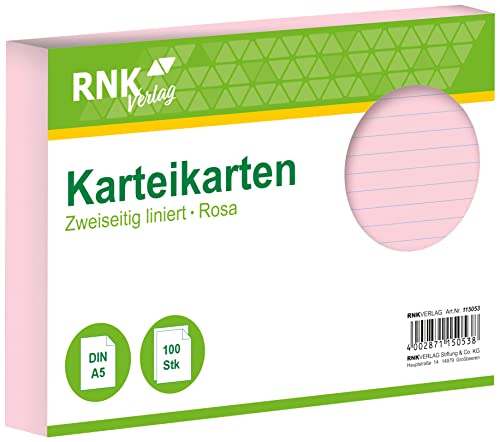RNKVERLAG 115053 - Karteikarten liniert 7 mm, rosa, DIN A5, 1 Packung à 100 Karten von RNKVERLAG