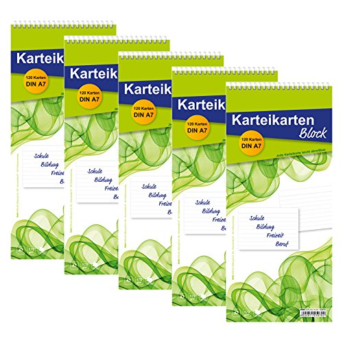 RNKVERLAG 125070-3 - Karteikarten Block liniert, 5 Stück, mit je 120 DIN A7 Karteikarten, weiß von RNKVERLAG