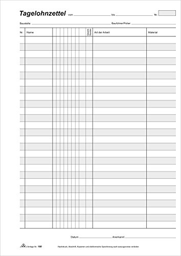 RNKVERLAG 180 - Tagelohnzettel, Block mit 3 x 50 Blatt, mit Durchschreibepapier, DIN A4 von RNKVERLAG