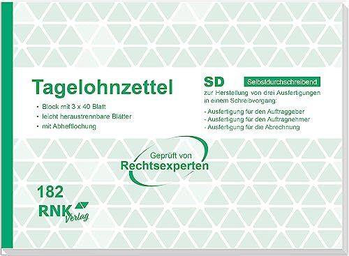 RNKVERLAG 182 - Tagelohnzettel, Block mit 3 x 40 Blatt, selbstdurchschreibend, DIN A5 quer von RNKVERLAG