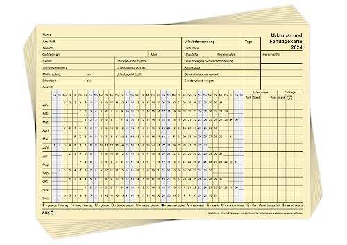RNKVERLAG 1901/24-10 - Urlaubs- und Fehltagekarte 2024, mit tabellarischer Darstellung im DIN A5 Querformat aus Karteikarton, 10 Stück von RNKVERLAG