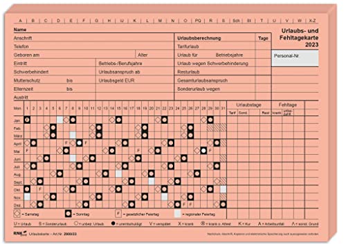 RNKVERLAG 2900/23-10 - Urlaubs- und Fehltagekarte 2023, mit grafischer Darstellung, DIN A5 quer, Karteikarton, 10 Stück von RNKVERLAG