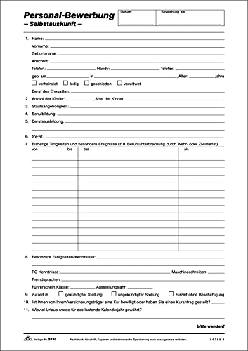 RNKVERLAG 2930 - Personal-Bewerbung/Selbstauskunft, 2 Seiten, DIN A4, 10 Stück von RNKVERLAG